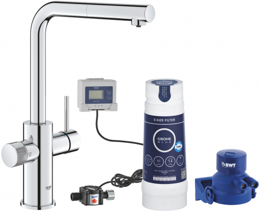 GROHE Blue Minta Pure Starter Kit Armatur mit herausziehbarem Mousseurauslauf Filterarmatur mit Wasserfilterset (30591000)