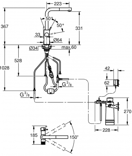 GROHE Blue Minta Pure Starter Kit Armatur mit herausziehbarem Mousseurauslauf Filterarmatur mit Wasserfilterset (30591000)