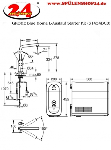 GROHE Blue Home L-Auslauf Starter Kit Spltisch-Einhebelmischer mit Filterfunktion und Khlung (31454KS1)