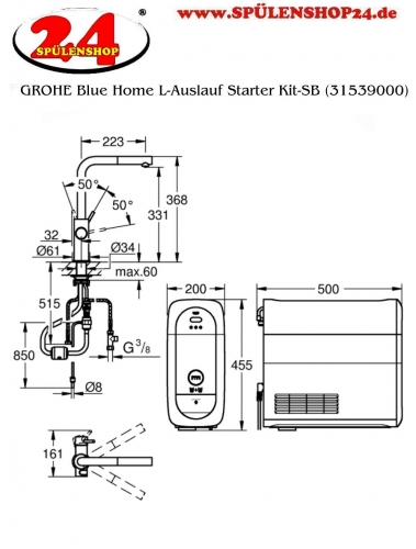 GROHE Blue Home L-Auslauf Starter Kit Kchenarmatur mit Filterfunktion und herausziehbarem Mousseurauslauf (31539KS0)