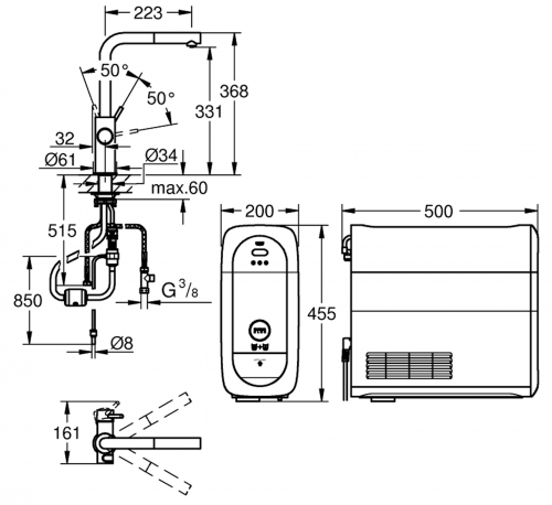 GROHE Blue Home L-Auslauf Starter Kit Kchenarmatur mit Filterfunktion und herausziehbarem Mousseurauslauf (31539KS0)