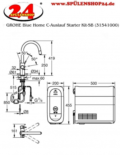 GROHE Blue Home C-Auslauf Starter Kit Kchenarmatur mit Filterfunktion und herausziehbarem Mousseurauslauf (31541KS0)