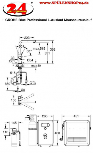 GROHE Blue Professional L-Auslauf SET Spltisch-Einhebelmischer mit Filterfunktion und Khlung mit Mousseurauslauf (31326002)