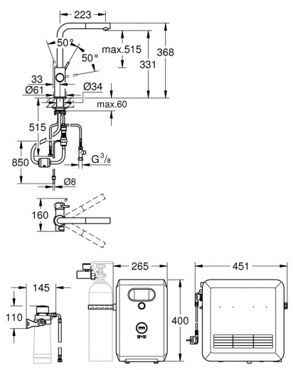 GROHE Blue Professional L-Auslauf SET Spltisch-Einhebelmischer mit Filterfunktion und Khlung mit Mousseurauslauf (31326002)