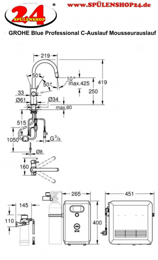 GROHE Blue Professional C-Auslauf SET Spltisch-Einhebelmischer mit Filterfunktion und Khlung mit Mousseuerauslauf (31325002)