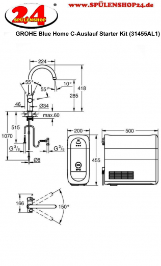 GROHE Blue Home C-Auslauf Starter Kit Spltisch-Einhebelmischer mit Filterfunktion und Khlung (31455DL1)