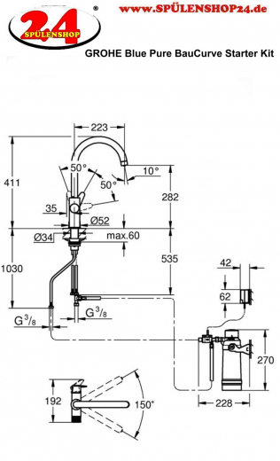 GROHE Blue Pure Baucurve Starter Kit Filterarmatur mit Ultrasafe Wasserfilterset (30582000)