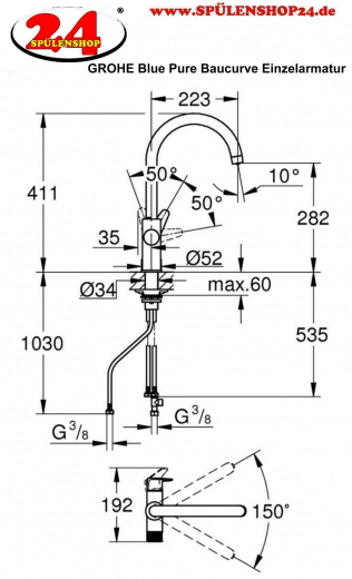 GROHE Blue Pure Baucurve Einhand-Spltischbatterie Einzelarmatur mit Filterfunktion (30580000) [NUR Armatur]