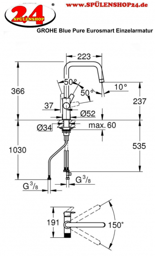 GROHE Blue Pure Eurosmart Einhand-Spltischbatterie Einzelarmatur mit Filterfunktion (30583000) [NUR Armatur]