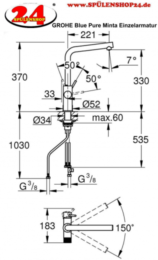 GROHE Blue Pure Minta Einhand-Spltischbatterie Einzelarmatur mit Filterfunktion (30588000) [NUR Armatur]