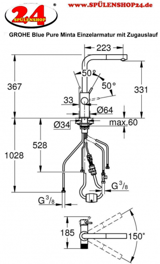 GROHE Blue Pure Minta Einhand-Spltischbatterie mit herausziehbarem Mousseurauslauf Einzelarmatur mit Filterfunktion (30590000) [NUR Armatur]