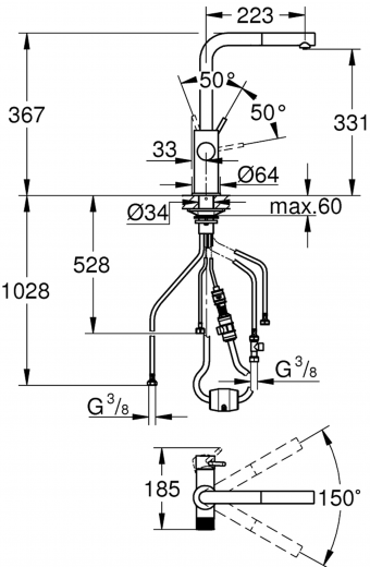 GROHE Blue Pure Minta Einhand-Spltischbatterie mit herausziehbarem Mousseurauslauf Einzelarmatur mit Filterfunktion (30590000) [NUR Armatur]