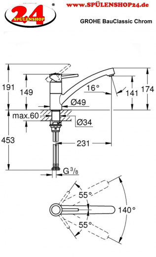 GROHE Kchenarmatur BauClassic Einhebelmischer Chrom mit Festauslauf (30575000)