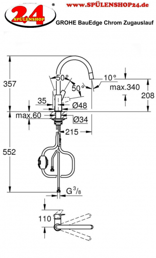 GROHE Kchenarmatur BauEdge Einhebelmischer Chrom mit Zugauslauf (30536000)