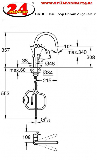 GROHE Kchenarmatur BauLoop Einhebelmischer Chrom mit Zugauslauf (30543000)