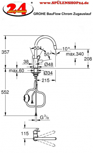 GROHE Kchenarmatur BauFlow Einhebelmischer Chrom mit Zugauslauf (30549000)