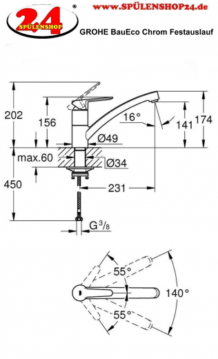 GROHE Kchenarmatur BauEco Einhebelmischer Chrom mit Festauslauf (31680000)