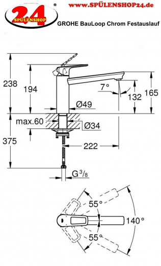 GROHE Kchenarmatur BauLoop Einhebelmischer Chrom mit Festauslauf (31706000)