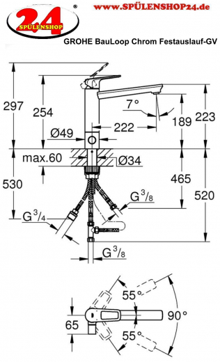 GROHE Kchenarmatur BauLoop Einhebelmischer Chrom mit Festauslauf mit Gerteabsperrventil (31713000)