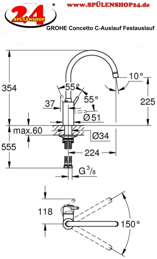 GROHE Kchenarmatur Concetto Einhebelmischer Chrom mit Festauslauf (32661003)