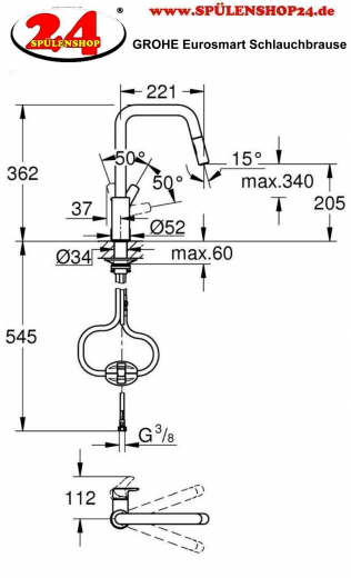 GROHE Kchenarmatur Eurosmart Einhebelmischer Chrom mit Zugauslauf als Schlauchbrause (30619000)