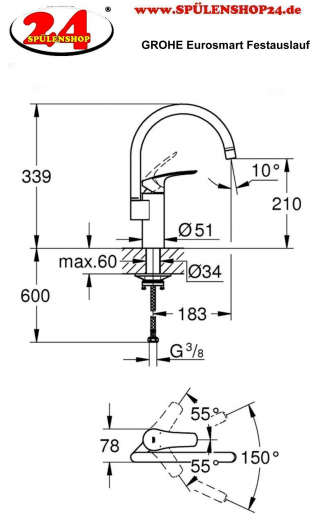 GROHE Kchenarmatur Eurosmart Einhebelmischer Matt Black mit Festauslauf (332022433)