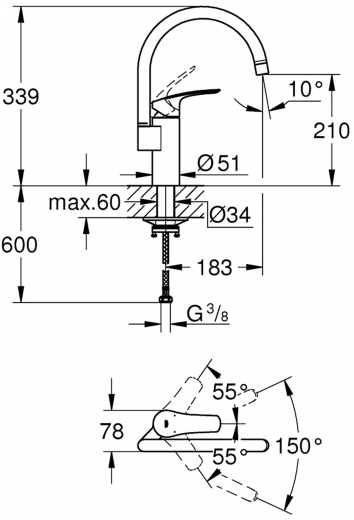 GROHE Kchenarmatur Eurosmart Einhebelmischer Matt Black mit Festauslauf (332022433)