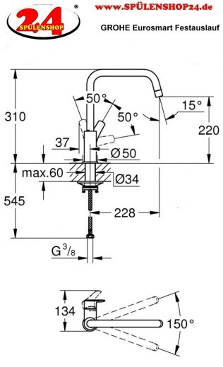 GROHE Kchenarmatur Eurosmart Einhebelmischer Chrom mit Festauslauf (30567000)