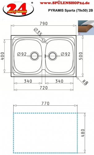 PYRAMIS Kchensple Sparta (79x50) 2B Einbausple / Doppelsple Siebkorb als Stopfenventil