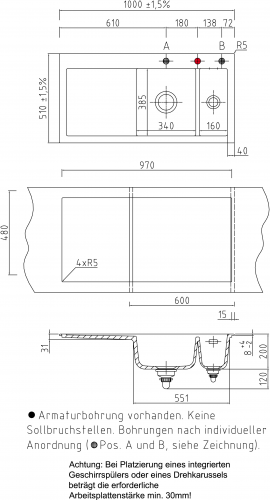 Systemceram KeraDomo MERA 100 Basic Keramiksple / Einbausple in Standardfarben fr die Kche