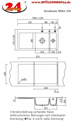 Systemceram KeraDomo MERA 100 Basic Keramiksple / Einbausple in Standardfarben fr die Kche