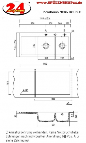 Systemceram KeraDomo MERA DOUBLE Basic Keramiksple / Einbausple in Standardfarben fr die Kche