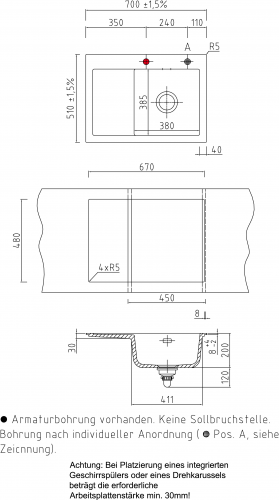 Systemceram KeraDomo MERA 70 Basic Keramiksple / Einbausple in Standardfarben fr die Kche