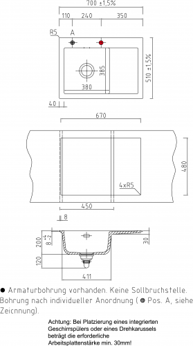 Systemceram KeraDomo MERA 70 Basic Keramiksple / Einbausple in Standardfarben fr die Kche