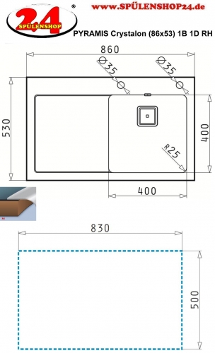 Pyramis Kchensple Crystalon (86x53) 1B 1D Schwarz RH Kombination aus Sicherheitsglas und Edelstahlbecken