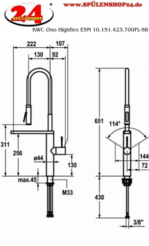 KWC Kchenarmatur Ono Highflex 10.151.423.700 Einhebelmischer Edelstahl massiv mit Pendelbrause Bedienhebel aus Medizinstahl