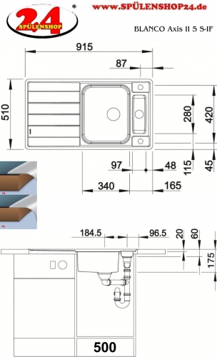 BLANCO Kchensple Axis III 5 S-IF Edelstahlsple / Einbausple Flachrand mit Ablaufsystem InFino und Drehknopfventil