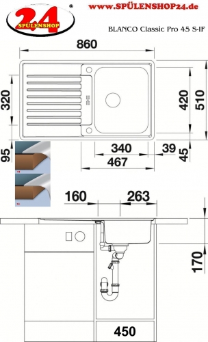 BLANCO Kchensple Classic Pro 45 S-IF Edelstahlsple / Einbausple Flachrand mit Ablaufsystem InFino und Drehknopfventil