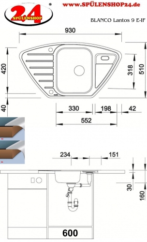 {LAGER} BLANCO Kchensple Lantos 9 E-IF Edelstahlsple / Eck-Einbausple Flachrand mit Siebkorb als Drehknopfventil