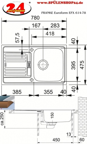 {LAGER} FRANKE Kchensple Euroform EFX 614-78 Einbausple / Edelstahlsple mit Einbaurand mit Siebkorb als Drehknopfventil