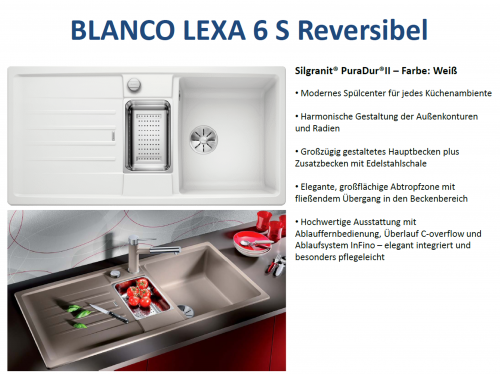 {LAGER}  BLANCO Lexa 6 S Silgranit PuraDurII Granitsple / Einbausple Ablaufsystem InFino mit Drehknopfventil