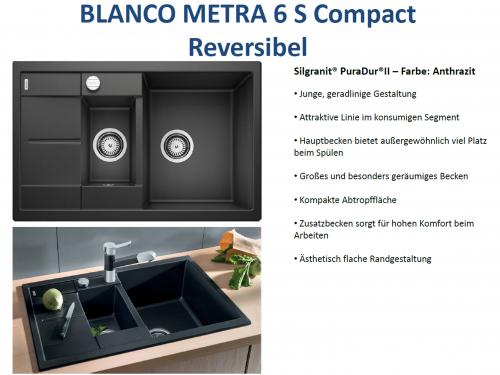 BLANCO Kchensple Metra 6 S Compact Silgranit PuraDurII Granitsple / Einbausple mit Drehknopfventil