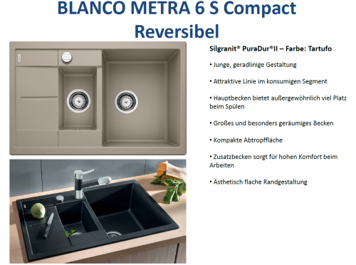 BLANCO Kchensple Metra 6 S Compact Silgranit PuraDurII Granitsple / Einbausple mit Drehknopfventil