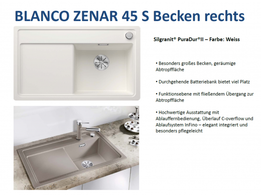 BLANCO Zenar 45 S Silgranit PuraDurII Granitsple / Einbausple Ablaufsystem InFino mit Drehknopfventil