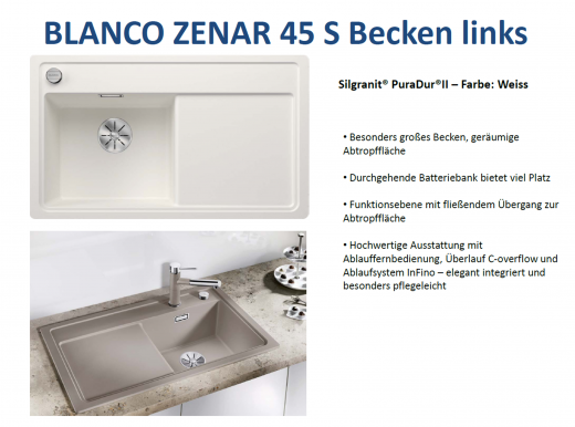 BLANCO Zenar 45 S Silgranit PuraDurII Granitsple / Einbausple Ablaufsystem InFino mit Drehknopfventil