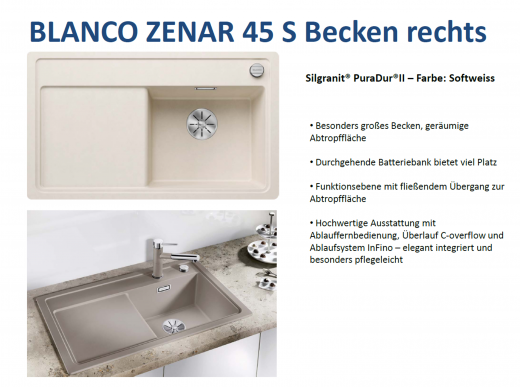 BLANCO Zenar 45 S Silgranit PuraDurII Granitsple / Einbausple Ablaufsystem InFino mit Drehknopfventil