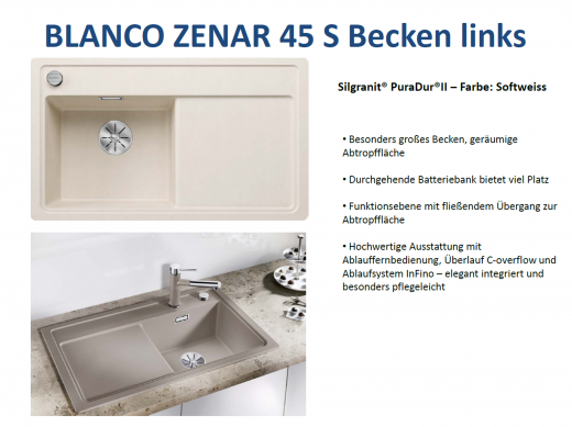 BLANCO Zenar 45 S Silgranit PuraDurII Granitsple / Einbausple Ablaufsystem InFino mit Drehknopfventil