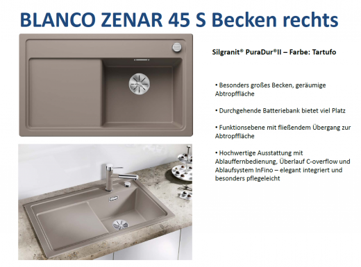 BLANCO Zenar 45 S Silgranit PuraDurII Granitsple / Einbausple Ablaufsystem InFino mit Drehknopfventil