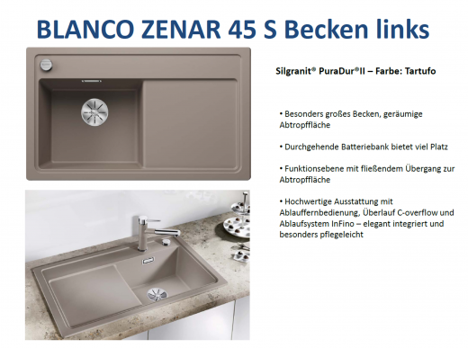 BLANCO Zenar 45 S Silgranit PuraDurII Granitsple / Einbausple Ablaufsystem InFino mit Drehknopfventil