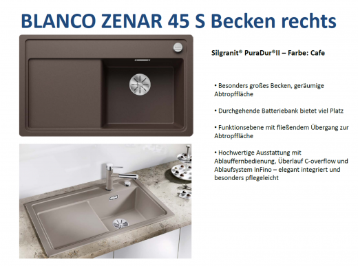 BLANCO Zenar 45 S Silgranit PuraDurII Granitsple / Einbausple Ablaufsystem InFino mit Drehknopfventil